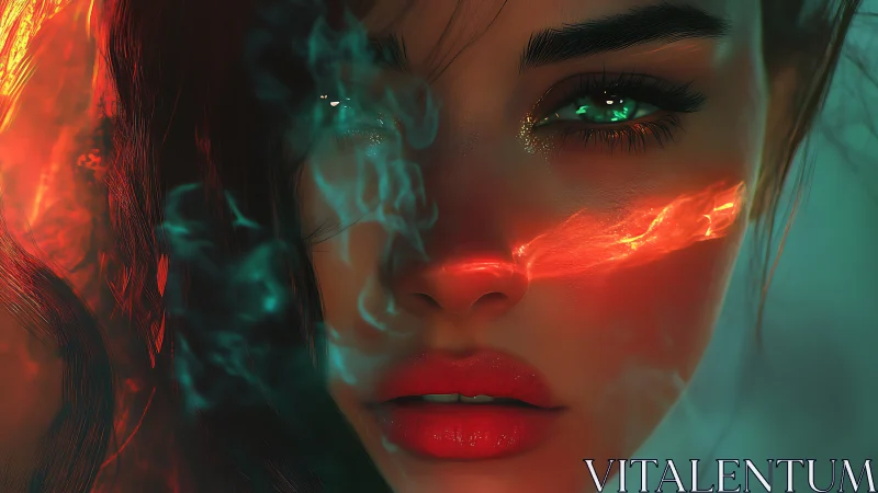 Digital portrait of woman with glowing facial light band.