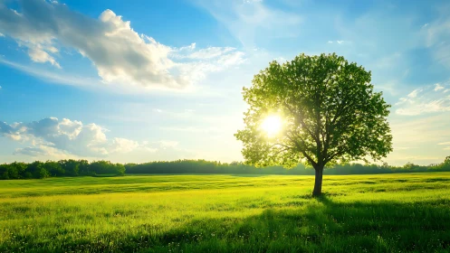 Sunlit tree stands peacefully in a wide green summer meadow