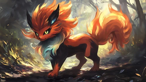 Fiery fox-like creature strides through glowing forest path