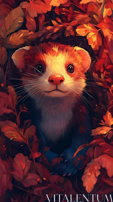 Curious autumn ferret peeking from glowing red leaves.
