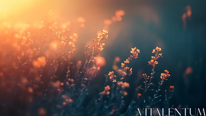Backlit wildflowers in cinematic shallow-focus bokeh field.