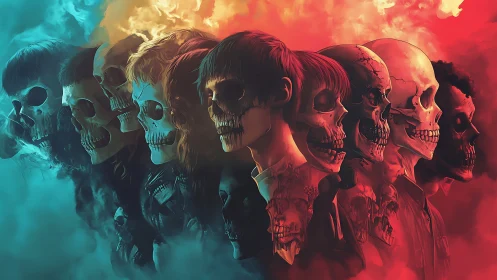 Gradient-lit skull morph sequence merges portraits with decayed anatomy