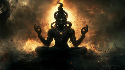 Meditative deity silhouette amid fiery glowing aura.