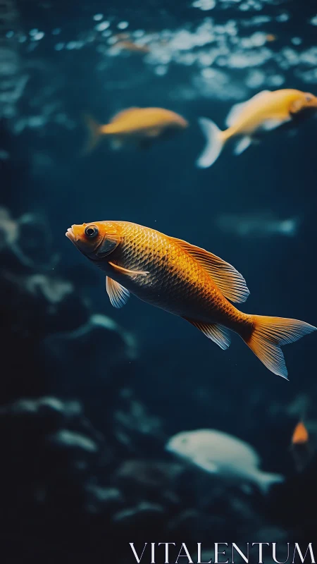Golden koi glides through deep blue aquarium waters.