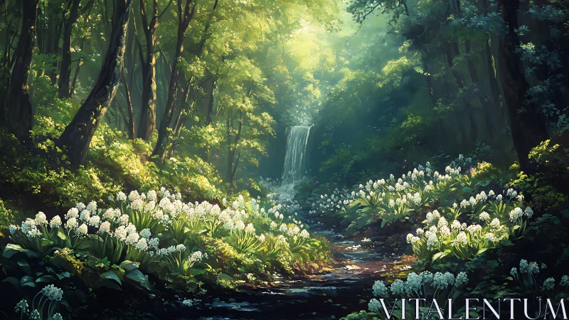 Forest landscape with waterfall and white flowers.
