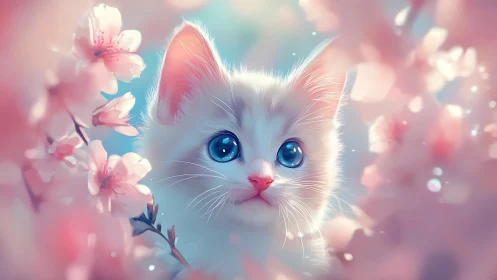 White Feline Portrait with Cerulean Ocular Features Amid Floral Elements.