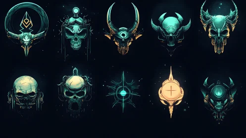 Futuristic neon skull emblems with horns and symbols on black