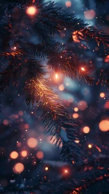 Pine needles with warm bokeh lights in cool blue night.