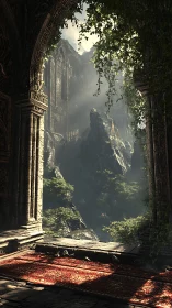 Digital painting of ruined archway framing misty mountainscape.