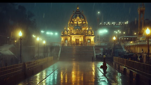 Illuminated riverside temple in monsoon, nocturnal perspective.