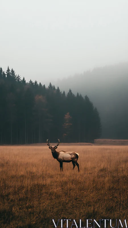 Solitary elk standing gently in a misty golden meadow at dawn.