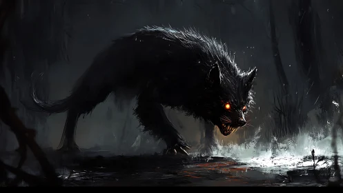 Demonic wolf stalks a lone figure in a shadowed swamp.