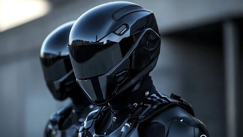 Black armored futuristic helmets with reflective visors.