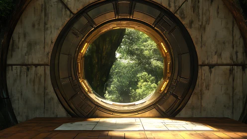 Starlit portal frames a sunlit jungle beyond steel walls.