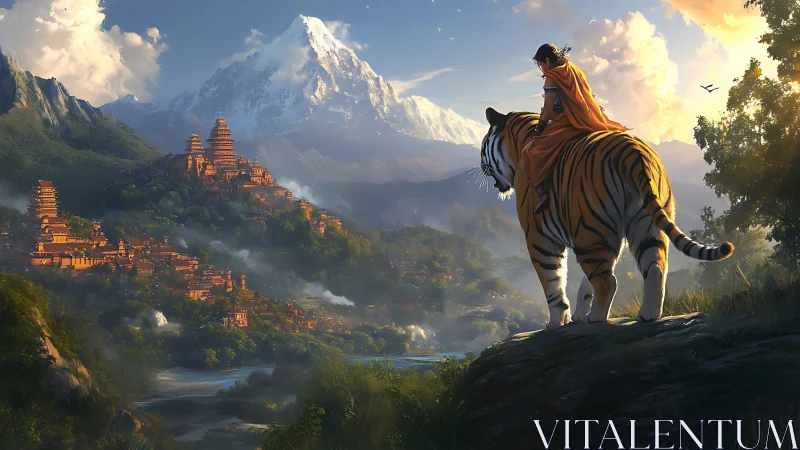 Young rider on tiger overlooking vast mountain cityscape.