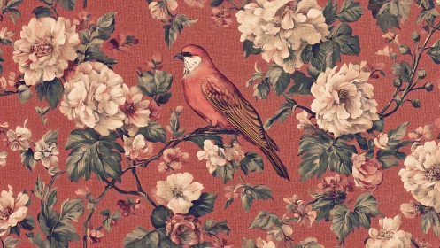 Vintage floral wallpaper with perched red bird and peonies.