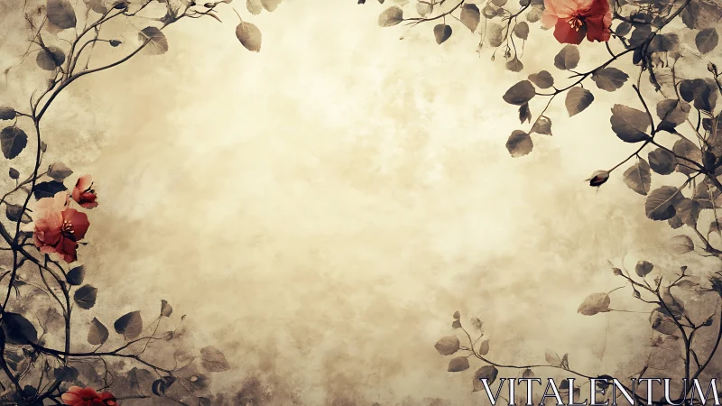 Vintage floral frame with muted vines and coral blooms.