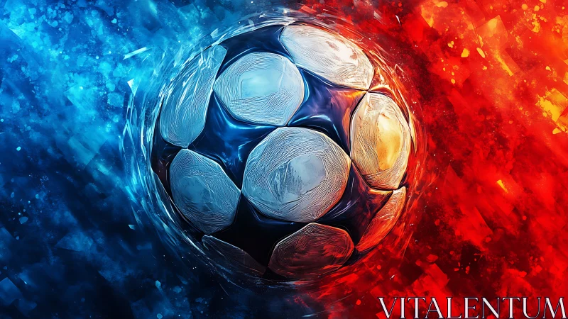 Soccer ball splits cold blue energy and hot red flame