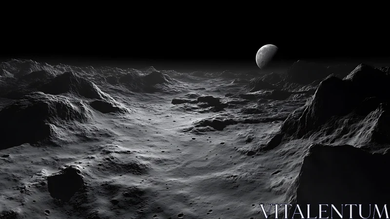 Lunar surface landscape with distant Earth on dark horizon.