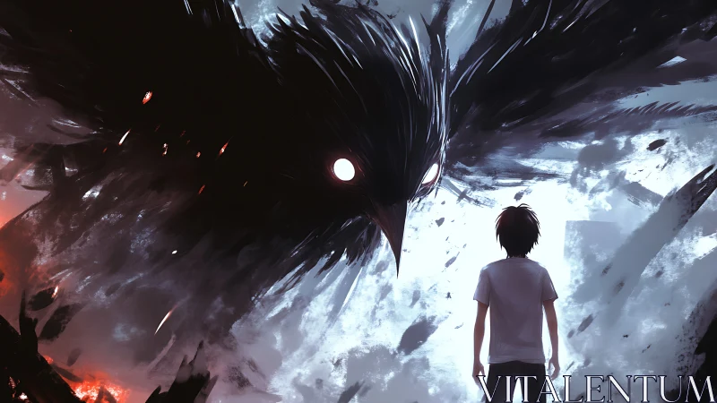 Boy confronts void-born raven colossus in crackling twilight.