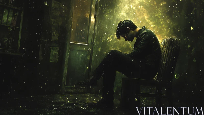 Solitary figure seated indoors under rainfall illumination.