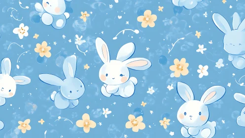 Cute blue rabbits form seamless pastel spring pattern