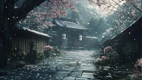 Stone path to traditional gate under cherry blossoms.