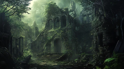 Overgrown gothic stone ruins under volumetric green forest light