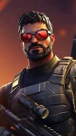 Armored tactical soldier in red visor sunglasses holds rifle