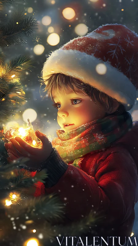 Child in winter coat holding glowing Christmas ornament.