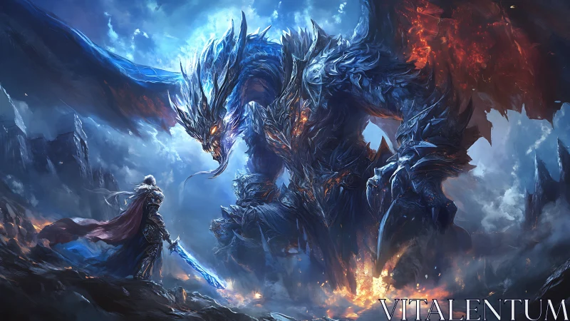 Armored knight confronts towering fire and ice dragon.