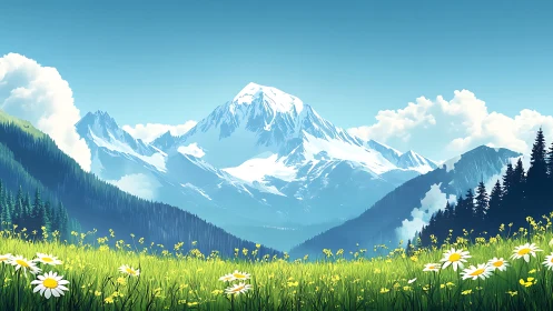 High-altitude alpine meadow with stylized snow-capped mountain range