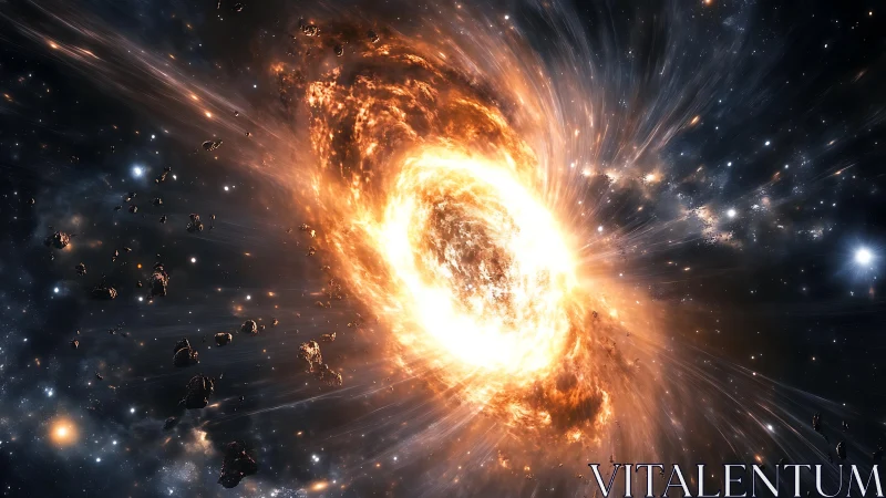 Blazing cosmic vortex swirling through a star filled sky.