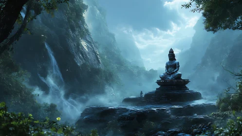 Monumental Buddha statue anchors misted valley with volumetric light