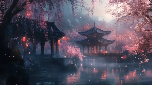Lakeside pavilions amid cherry blossoms in soft dusk light.