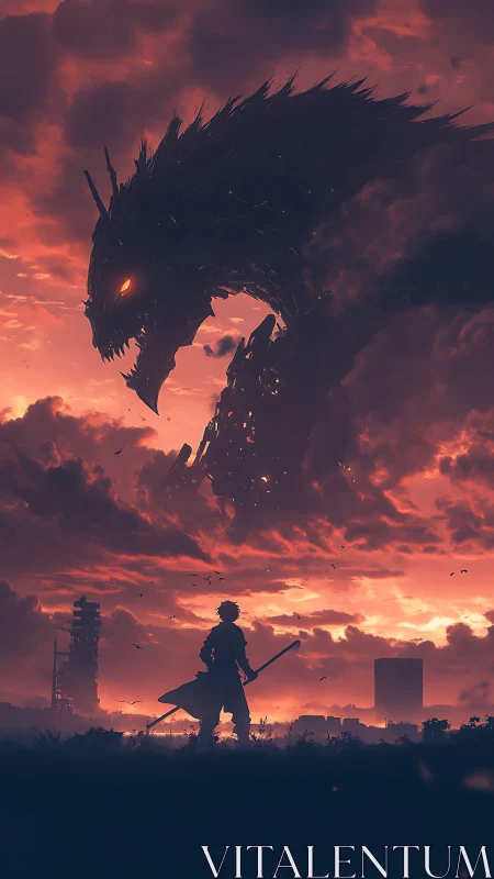 Silhouetted figure observes large dragon entity at dusk