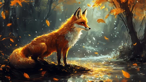 Digital fox stands beside reflective stream in autumn forest