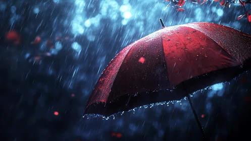 Red umbrella glows under night rain with bokeh lights.