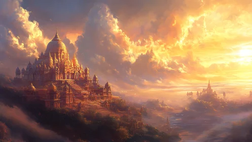 Radiant terraced citadel beneath stratified solar clouds.