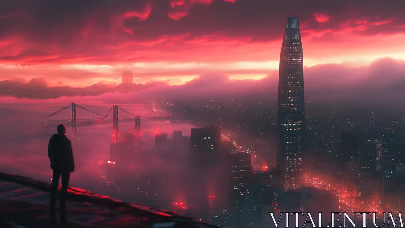 Silhouetted figure above foggy red-lit futuristic city skyline.
