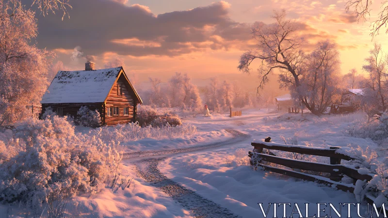 Snow covered rural cabin and trees at winter sunrise.