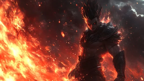 Infernal warlord emerges from molten inferno in armor.