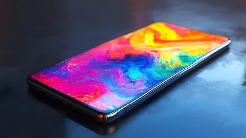 Modern smartphone with vivid abstract display, digital art style.