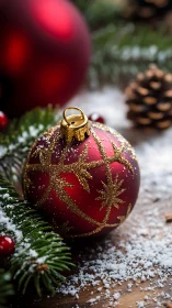 Red bauble rests in snowy pine, evoking warm Christmas calm