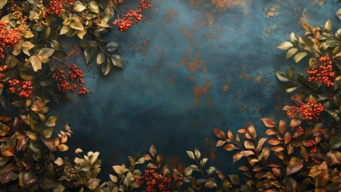 Autumn foliage frames teal textured background surface