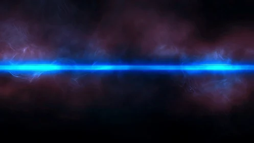 Horizontal neon plasma beam across dark volumetric haze