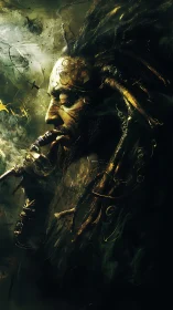 Side profile of figure with cables and smoke is rendered