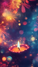Diya flame glows amid vibrant bokeh and floral sparks.