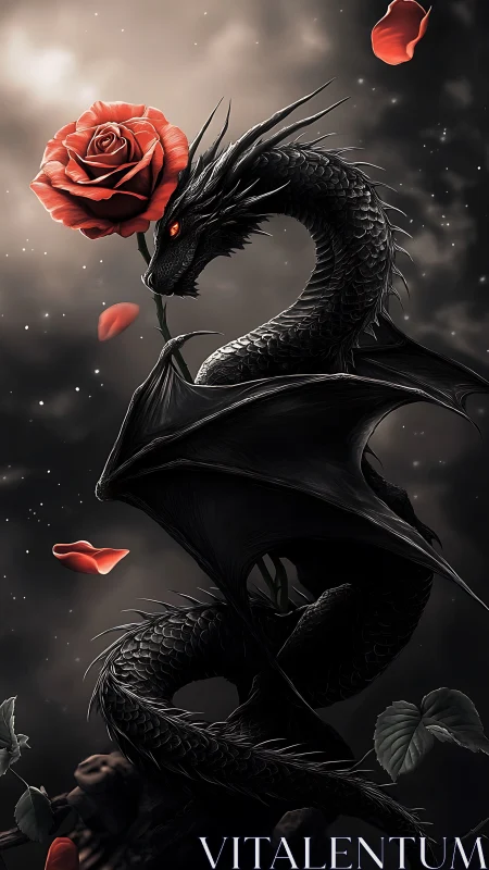 Midnight black dragon cradles scarlet rose in starlight