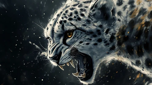 Snow Leopard Portrait with Open Mouth and Atmospheric Particles